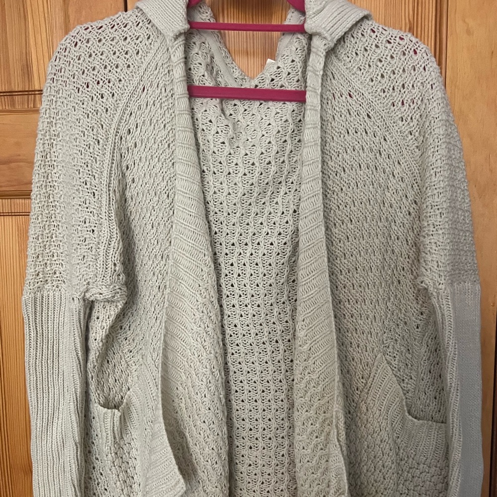Aqua, beige open front cardigan, hooded
